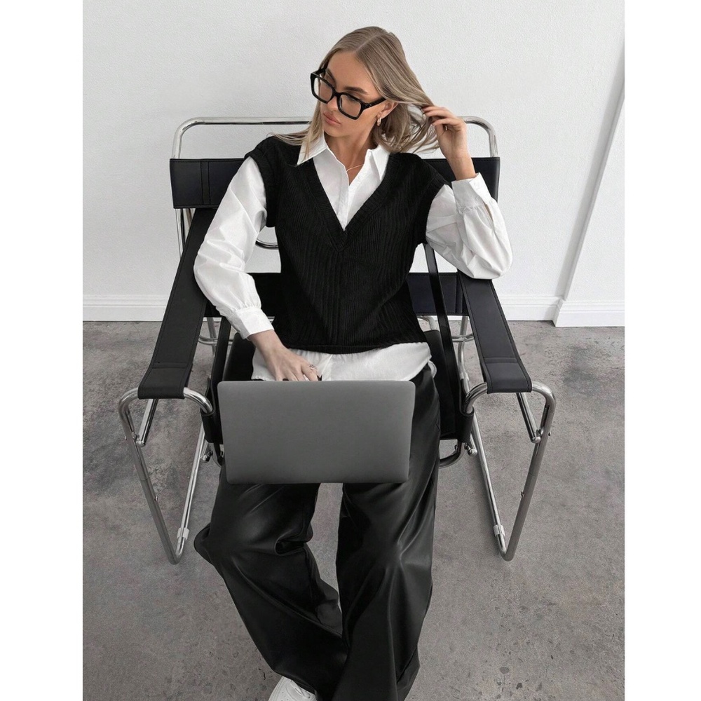 2 in 1 Black Knit Vest On White Button Up Shirt - Picture 7 of 12